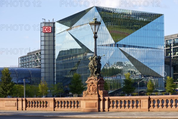 Historic Moltkebrücke with modern Cube Berlin, cube-shaped office building with glass façade