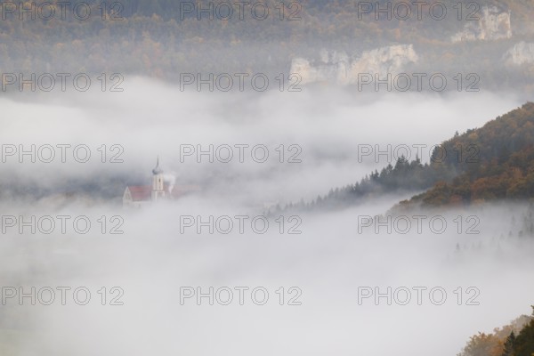 View of Benedictine monastery Beuron, Archabbey of St. Martin, limestone rock, rock face, mixed