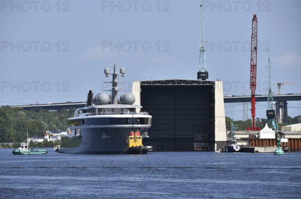 Superyacht COSMOS is undocked from the Lürssen shipyard, Kiel Canal, Kiel Canal, Kiel Canal,