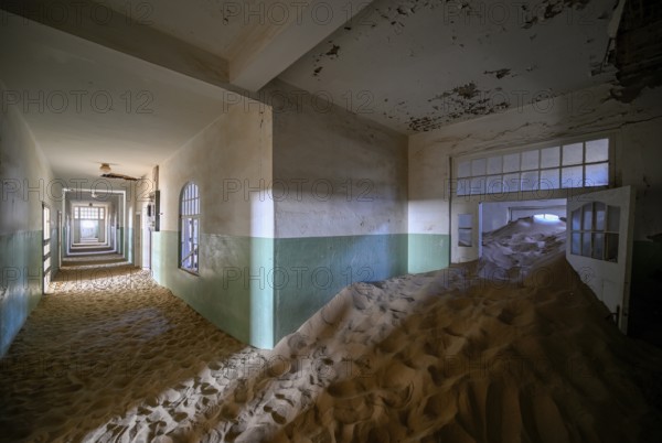 Former hospital full of sand, Kolmanskop, restricted diamond area, Karas region, Namibia