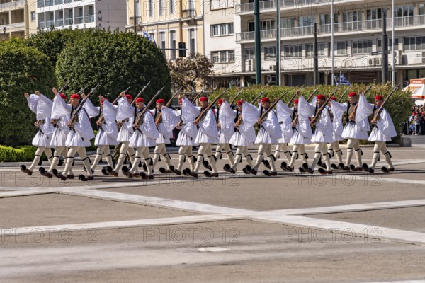 The traditional changing of the guard of the Evzones in front of the Greek Parliament in the Greek