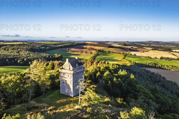 Fatlips Castle from a drone, Minto Crags, River Teviot, Roxburghshire, Scottish Borders, Scotland,
