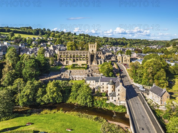 Jedburgh Abbey from a drone, Augustinian Abbey, Jedburgh, Scottish Borders, Scotland, UK