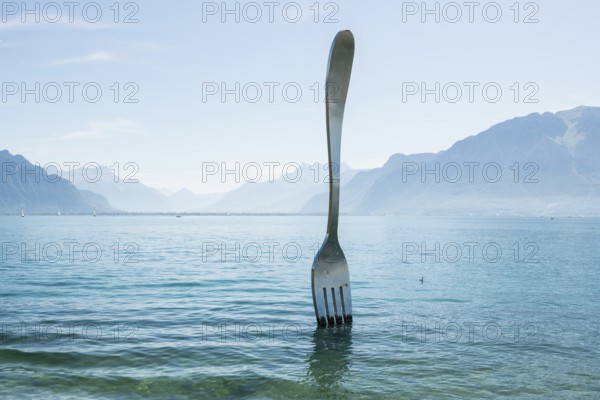 La Fourchette, the fork, sculpture by Jean-Pierre Zaugg, Vevey, Lake Geneva, Lac Léman, Canton of