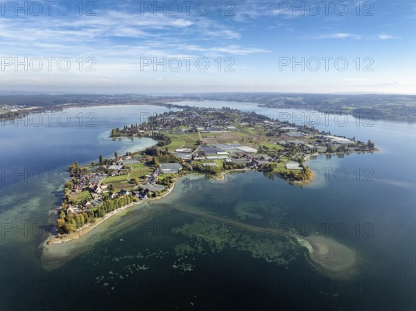 Aerial view of the north-western tip of the island of Reichenau in Lake Constance, with the