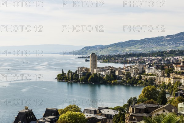 Town by the lake, Panorama, Montreux, Lake Geneva, Lac Léman, Canton Vaud, Switzerland