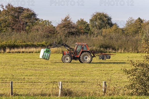Tractor transporting bales of silage wrapped in film, Falshöft, Pommerby, Schleswig-Holstein,