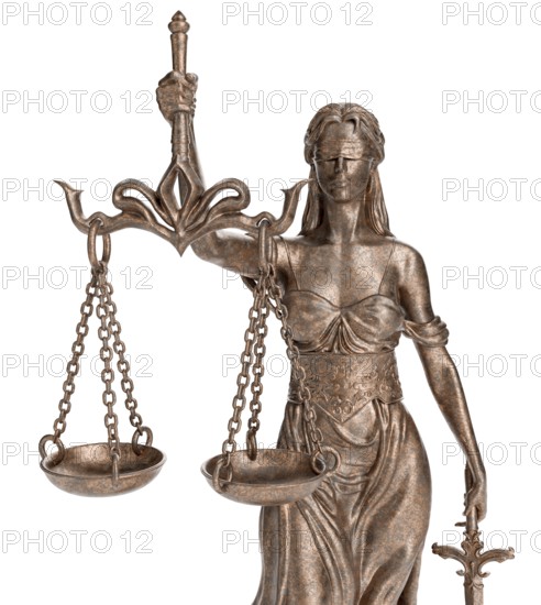 Bronze lady of justice statue isolated on a white background