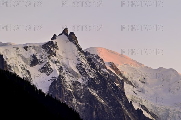 From left snow-covered Aiguille du Midi, Mont-Blanc, Vallot Hut, Chamonix-Mont-Blanc, Haute-Savoie,