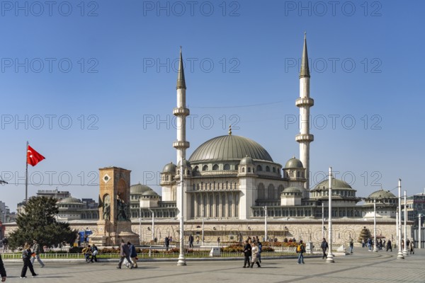 The Cumhuriyet Aniti Republic Monument and the Taksim Mosque on Taksim Square Taksim Meydani in