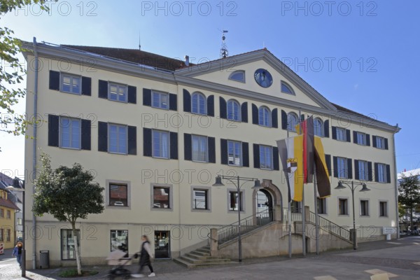 Town hall with German national flag, Baden-Württemberg state flag and town flag, Balingen, Swabian