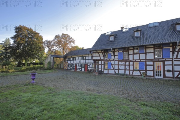 Half-timbered house in the inner courtyard of the Kleeburg castle built in the 14th century, moated