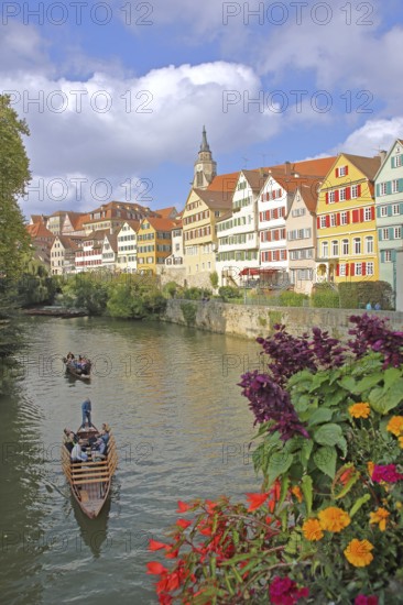 Colourful house front on the Neckar with punts, house facade, Neckar bank, Neckar front, tourism,
