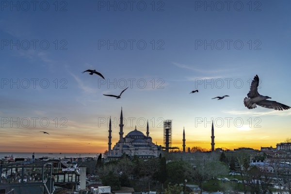 Sunset at the Blue Mosque or Sultan Ahmed Mosque in Istanbul, Turkey
