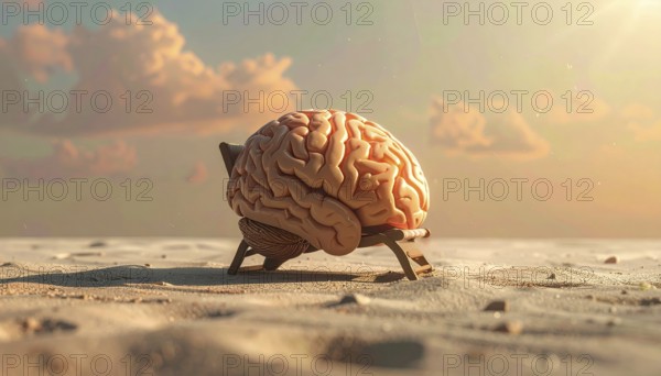 Brain relaxes on a sunbed under the summer sun, placed on a flat surface, symbol for mental health,