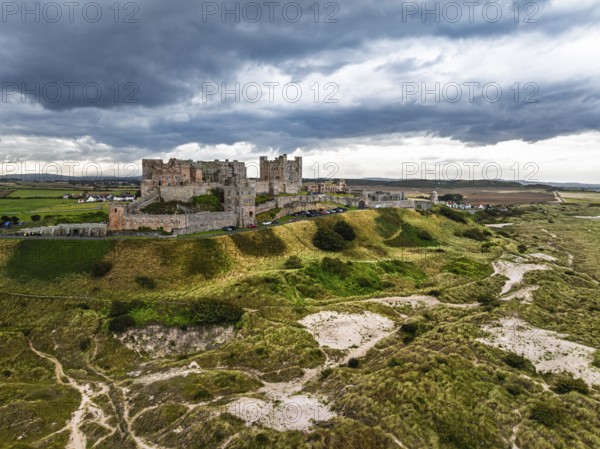Bamburgh Castle from a drone, Northumberland, Northeast Coast, England, United Kingdom