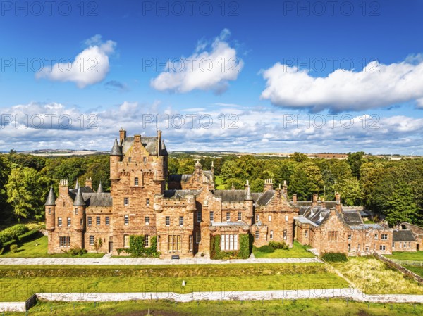 Ayton Castle from a drone, Ayton, Eyemouth, Scottish Borders, Scotland, UK