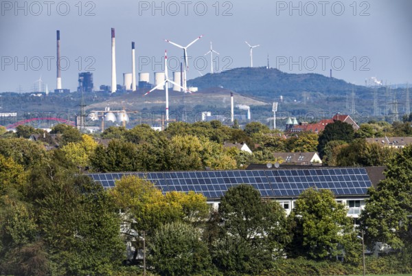 View over the western Ruhr area, from Essen-Haarzopf, housing estate with large photovoltaic