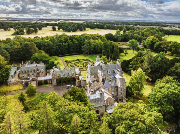 Luffness Castle from a drone, Aberlady, East Lothian, Scotland, UK