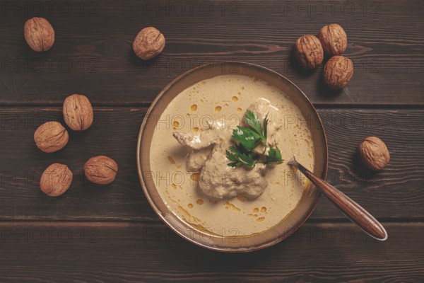 Satsivi, Georgian dish, chicken in nut sauce, cold appetizer, rustic, no people, homemade