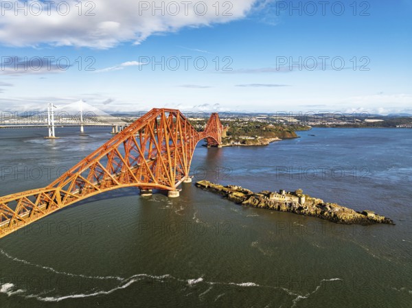 Inch Garvie Castle from a drone, Forth Bridge, Queensferry Crossing, Forth Estuary, Scotland,