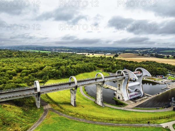 Filkirk Wheel from a drone, Forth and Clyde Canal, Falkirk, Scotland, UK