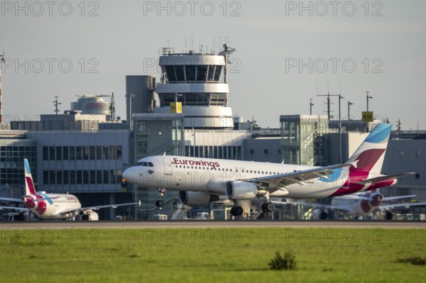 Eurowings Airbus lands at Düsseldorf Airport, North Rhine-Westphalia, Germany