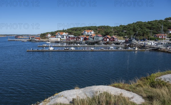 Harbour with boats and boathouses, Resö Island, Bohuslän, Skagerrak, Sotenäs, Västra Götalands län,
