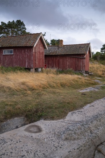 Falun red or Swedish red boathouses by the sea, Resö Island, Bohuslän, Skagerrak, Sotenäs, Västra