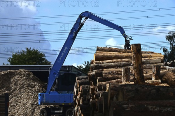 Wood storage and mechanical log transport on the premises of Energie-Mann in the Westerwald. Wood