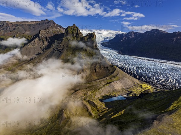 Glacier, glacier tongue, sunny, morning mood, mountains, fog, aerial view, summer, Kviarjökull,