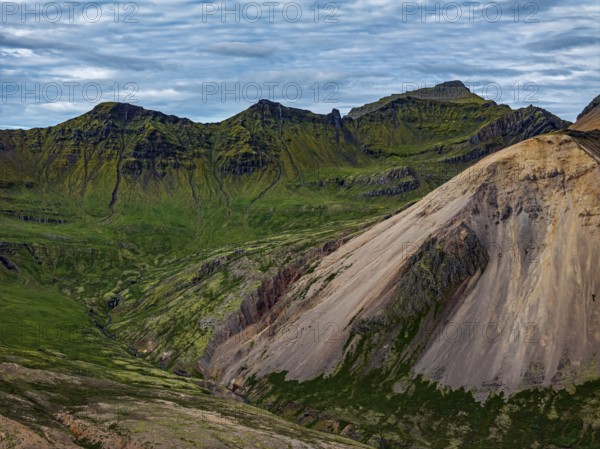 Mountains, coast, summer, aerial view, morning light, volcanic, cloudy, Faskrudsfjördur, East