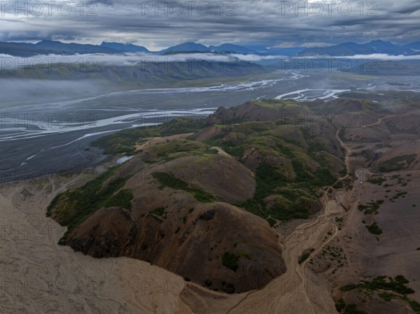 River, river course, river delta, mountains, clouds, summer, aerial view, Hvannagil, south-east