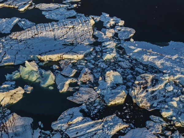 Ice floes, morning mood, reflection, aerial view, summer, glacier lagoon, Jökulsarlon, Vatnajökull,
