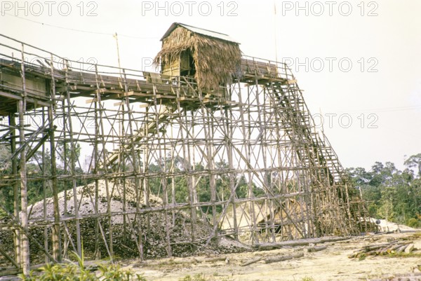 Open Cast gravel-pumping tin mine Malaya, Malaysia, south east Asia 1964 - pumping raises the