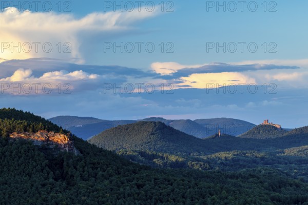 View of Trifels Castle and Anebos Castle, mixed forest, Annweiler, Pfläzerwald,
