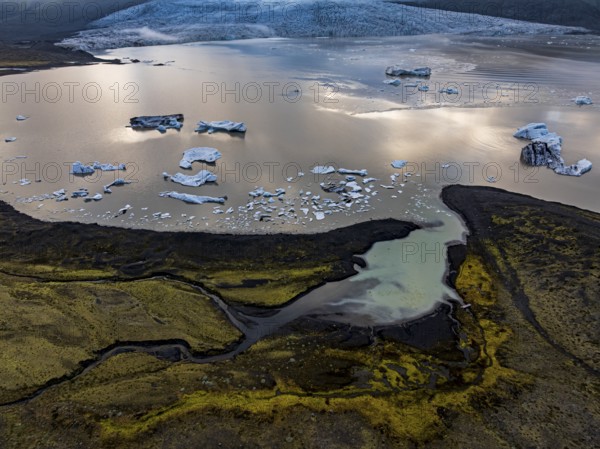 Icebergs, ice floes, glacial lake, glacier, summer, evening mood, aerial view, Fjallsjökull,
