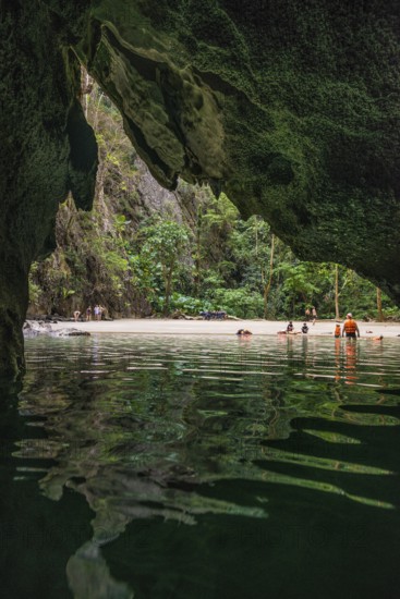 Sandy beach beach with cave in the rainforest, Emerald Cave, Koh Mook, Trang Province, Southern