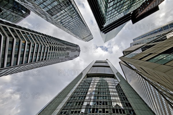 Frog's-eye view of the skyscrapers in the banking district, Four Frankfurt, Frankfurt am Main,