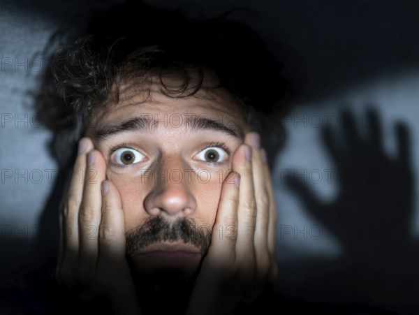 A close-up of a man whose face is marked by fear, symbolising anxiety disorders, panic attacks,