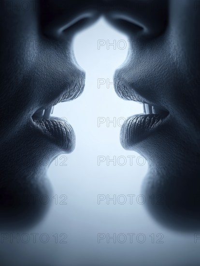 Symmetrical arrangement of two pairs of lips coming close together creates a feeling of intimacy,