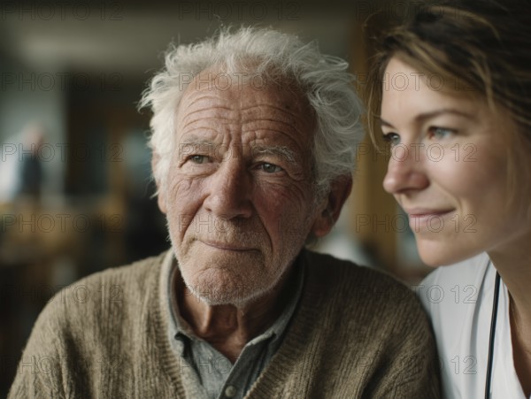 A young carer lovingly looks after a senior in a retirement home, nursing home, symbolic image for
