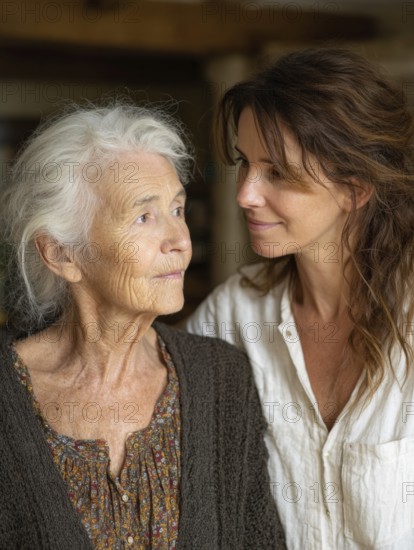 A young carer lovingly looks after a senior citizen in a nursing home, nursing home, symbolic image