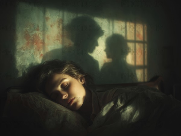 Sleeping woman with mystical shadow silhouettes in the background, symbolic image for sleep, event