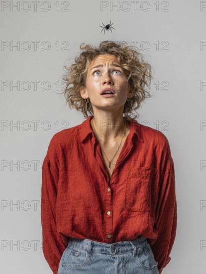 A woman looks in horror at a spider dangling from the ceiling, symbolising spider fear,