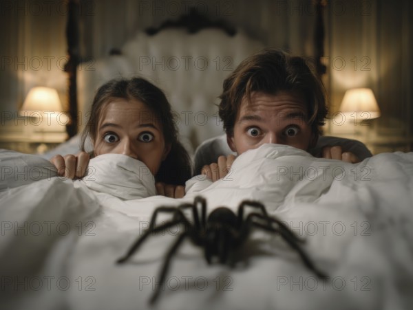 Two people in bed looking frightened at a spider crawling across the bedspread, symbolic image for