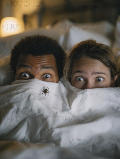 Two people in bed looking frightened at a spider crawling across the bedspread, symbolic image for