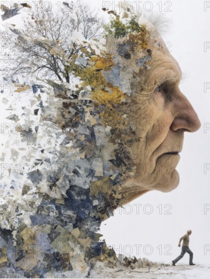 Double exposure of an elderly man and decaying parts of a landscape, symbolic image for memory