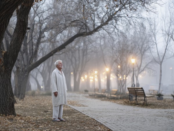 An elderly man in pyjamas stands in a cold, wintry environment, looking confused, helpless and