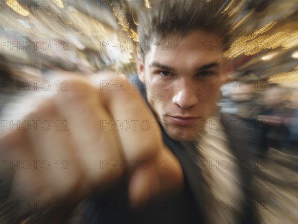 A man shows an outstretched fist to the camera while the background blurs into motion, symbolic